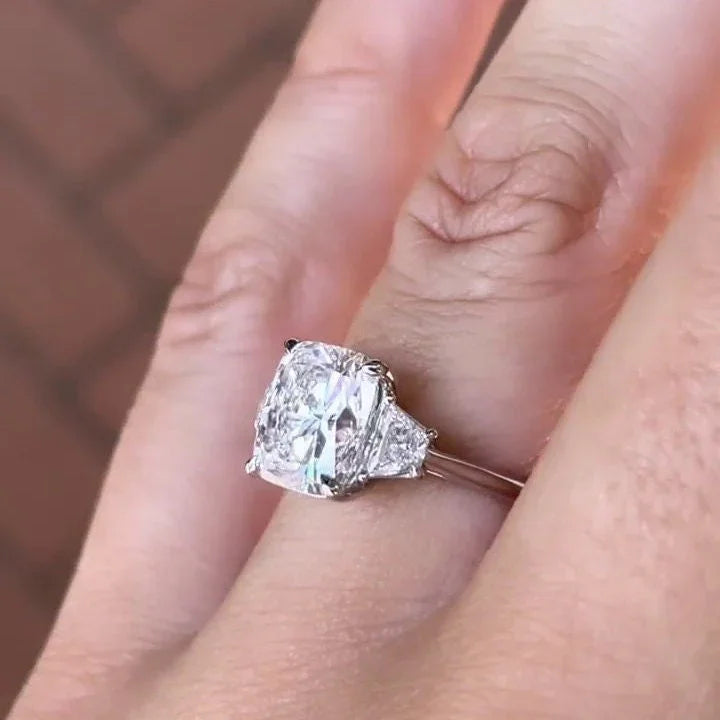 3.70 TCW cushion lab grown diamond three stone engagement ring trapezoid side stones IGI certified bridal wedding ring luxury diamond jewelry ring