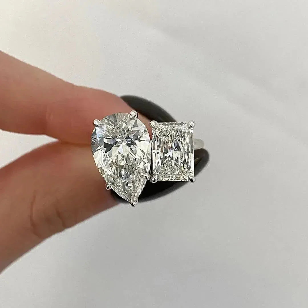 3.70 TCW pear radiant lab grown diamond engagement ring IGI certified toi et moi hidden halo bridal wedding ring luxury fine jewelry statement ring