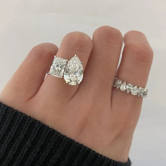 3.70 TCW pear and radiant lab grown diamond engagement ring toi et moi hidden halo IGI certified bridal wedding ring luxury fine jewelry engagement ring