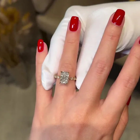 3.80 TCW radiant cut lab grown diamond engagement ring three stone setting IGI certified bridal wedding ring luxury diamond jewelry engagement ring