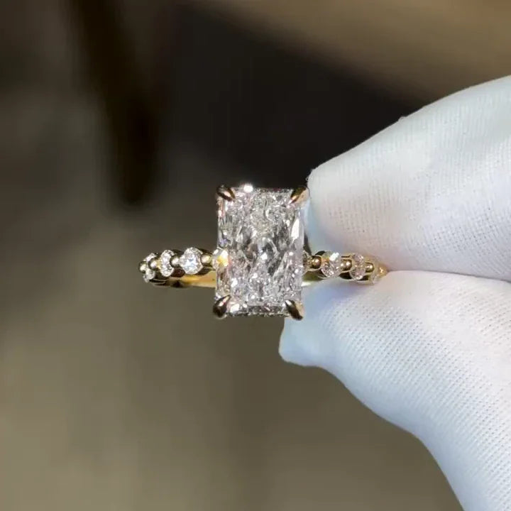 3.50 CT radiant lab grown diamond IGI certified engagement ring three stone design bridal wedding ring luxury fine jewelry statement engagement ring