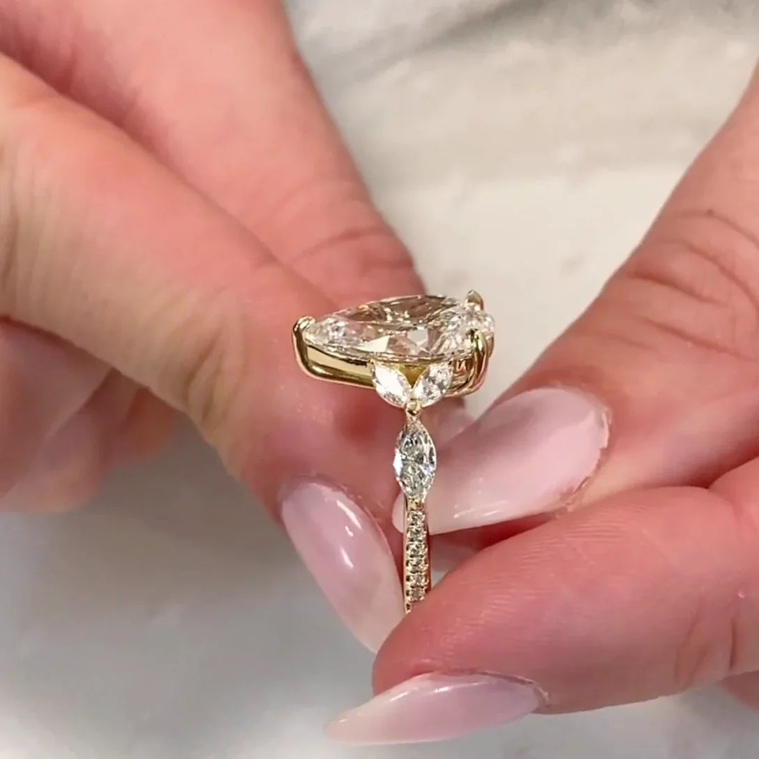 3.90 TCW pear lab grown diamond engagement ring IGI certified multi stone design bridal wedding ring luxury fine jewelry diamond engagement ring
