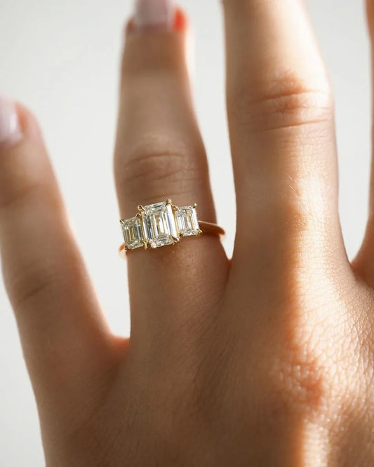 3tcw emerald cut lab grown diamond three stone engagement ring IGI certified wedding ring birthday gift for wife luxury diamond jewelry ring