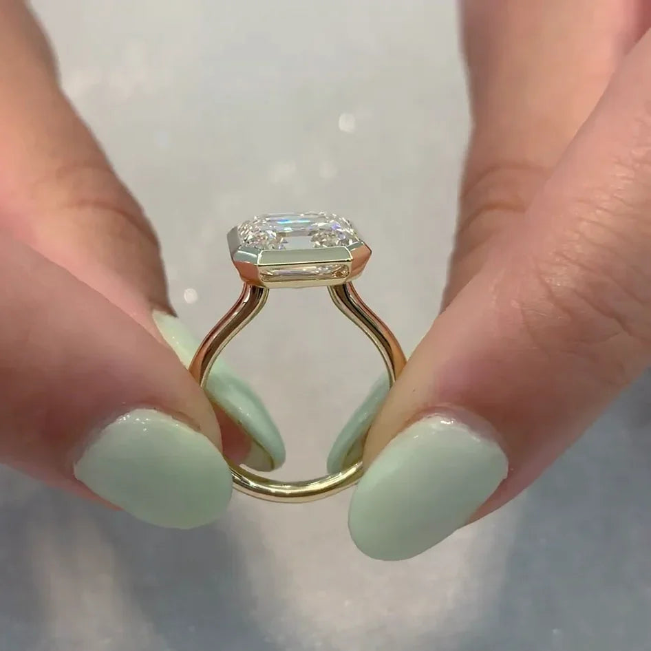 Luxury 4.00 carat Asscher lab grown diamond engagement ring bezel set IGI certified wedding bridal solitaire ring sustainable anniversary gift jewelry