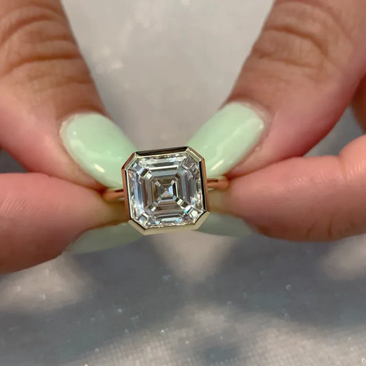 4.00 CT Asscher lab grown diamond engagement ring bezel setting IGI certified luxury wedding bridal solitaire sustainable anniversary gift ring