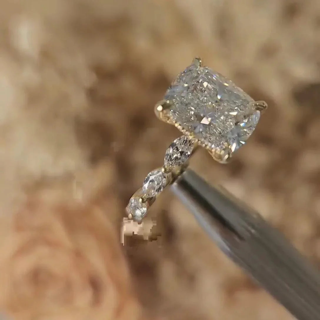 4.00 CT Cushion Lab Grown Diamond Engagement Ring | Hidden Halo Design with Marquise Side Stones | IGI Certified 