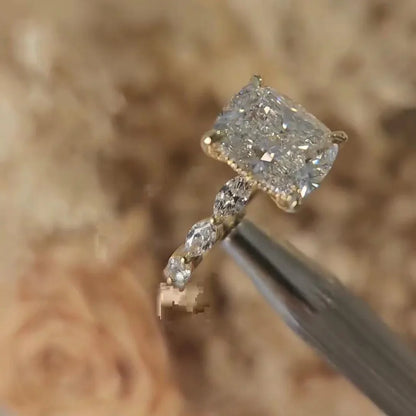 4.00 CT Cushion Lab Grown Diamond Engagement Ring | Hidden Halo Design with Marquise Side Stones | IGI Certified 