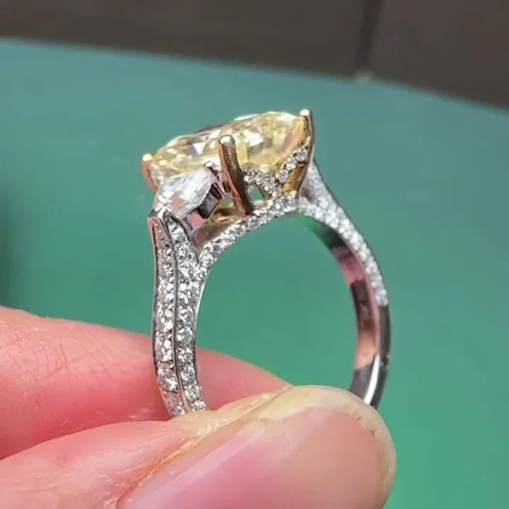4.00 CT Fancy Yellow Radiant Lab Grown Diamond Engagement Ring | Three Stone Design | IGI Certified 
