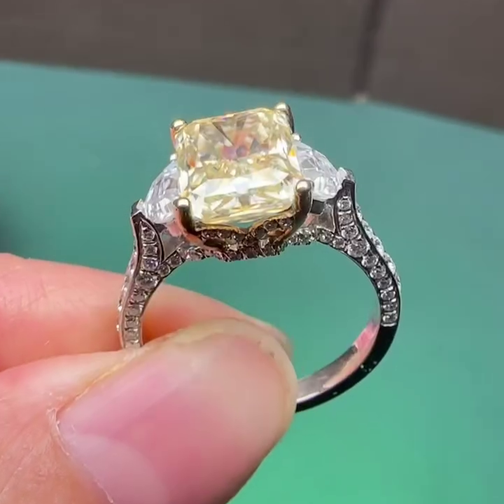 4.00 CT Fancy Yellow Radiant Lab Grown Diamond Engagement Ring | Three Stone Ring | IGI Certified 