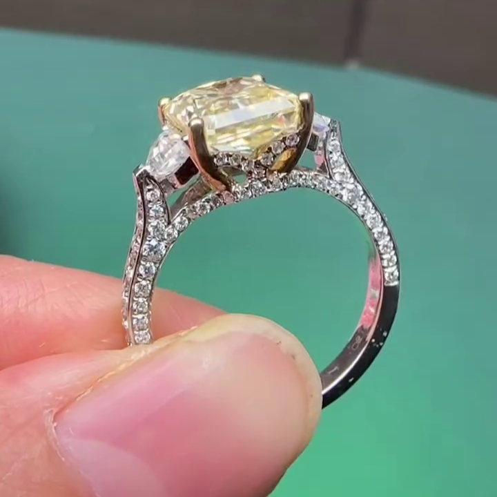 4.00 CT Fancy Yellow Radiant Lab Grown Diamond Engagement Ring | Three Stone Ring | IGI Certified 