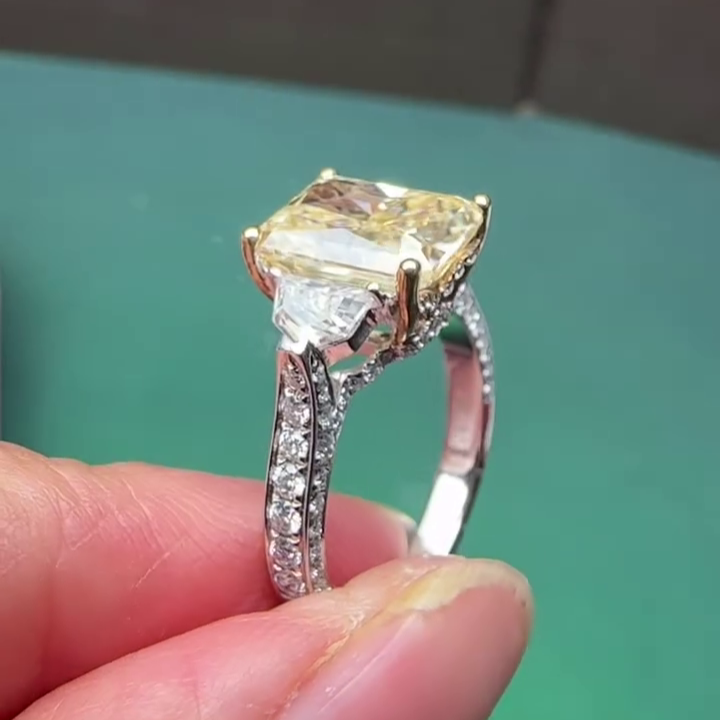 4.00 CT Fancy Yellow Radiant Lab Grown Diamond Engagement Ring | Three Stone Ring | IGI Certified 