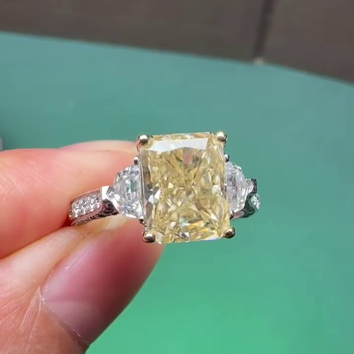 4.00 CT Fancy Yellow Radiant Lab Grown Diamond Engagement Ring | Three Stone Ring | IGI Certified 