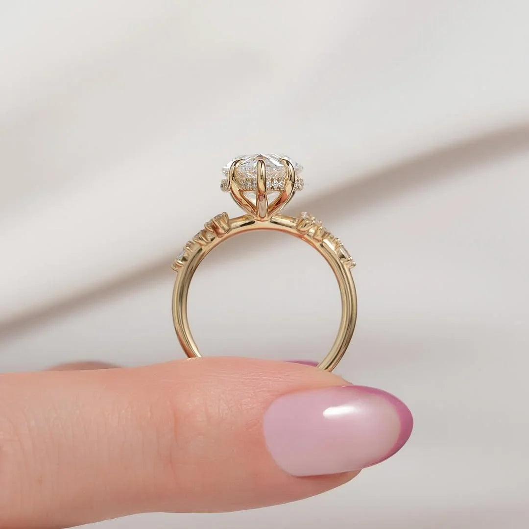 IGI certified 4.00 CT pear cut lab grown diamond engagement solitaire ring hidden halo shared prong bridal wedding luxury anniversary jewelry ring