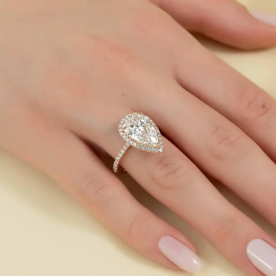 Luxury 4.00 CT pear cut lab grown diamond engagement ring IGI certified pavé band hidden halo cluster solitaire wedding bridal anniversary ring