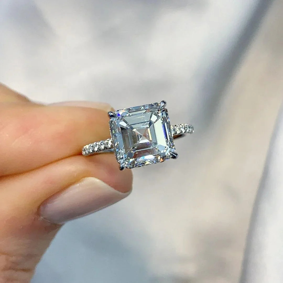 4.00 TCW Asscher Lab Grown Diamond Engagement Ring | Hidden Halo Ring | IGI Certified 
