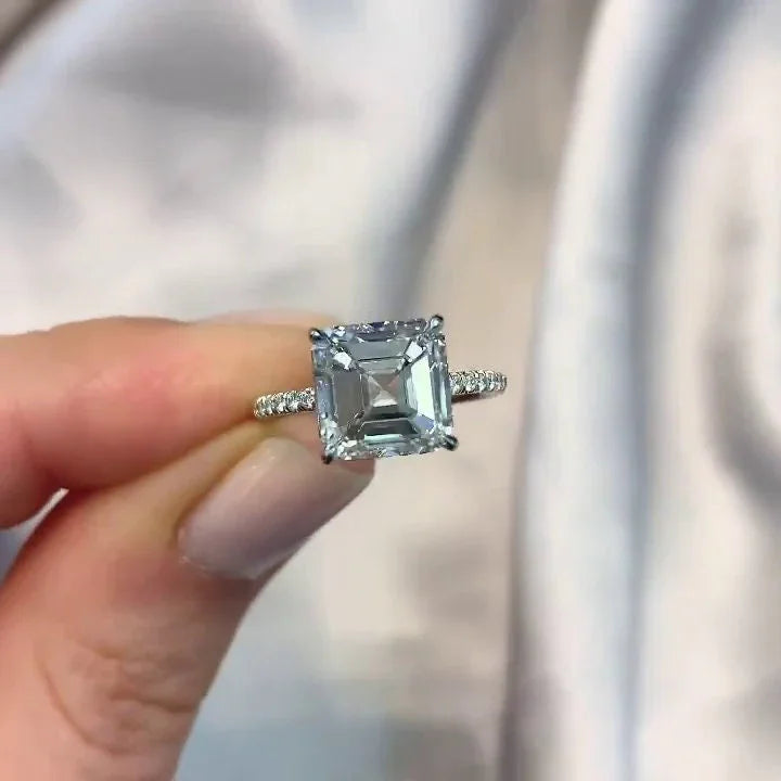 3.50 CT Asscher Lab Grown Diamond Engagement Ring | Hidden Halo Ring | IGI Certified
