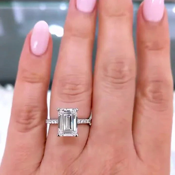 4.00 TCW emerald lab grown diamond IGI certified engagement ring hidden halo pavé band design luxury bridal wedding anniversary sustainable ring jewelry