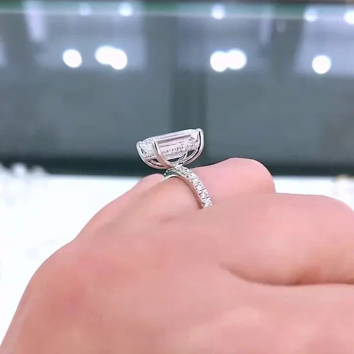 IGI certified emerald cut 4.00 TCW lab grown diamond engagement ring hidden halo pavé band luxury bridal wedding anniversary ethical jewelry ring