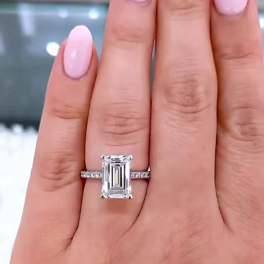 4.00 TCW emerald cut lab grown diamond engagement ring IGI certified hidden halo pavé band wedding bridal luxury anniversary gift jewelry ring elegant