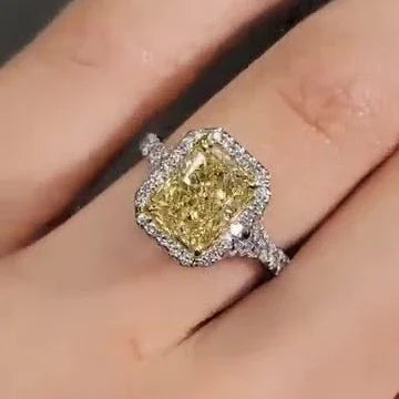 4.00 TCW fancy yellow radiant lab grown diamond engagement ring IGI certified halo wedding bridal luxury anniversary gift sustainable jewelry ring elegant