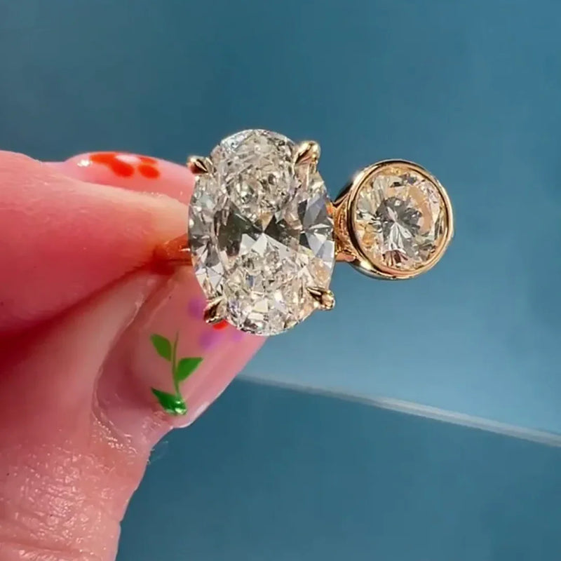 4.00 TCW Oval & Round Lab Grown Diamond Engagement Ring | Bezel Set Toi Et Moi Design | IGI Certified