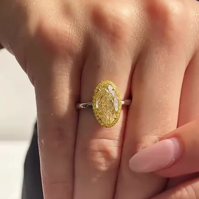 3.50 CT oval fancy yellow lab grown diamond IGI certified engagement ring yellow pavé halo luxury bridal wedding anniversary sustainable ring