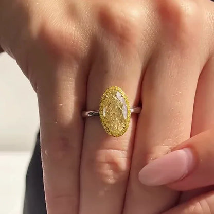 3.50 CT oval fancy yellow lab grown diamond IGI certified engagement ring yellow pavé halo luxury bridal wedding anniversary sustainable ring
