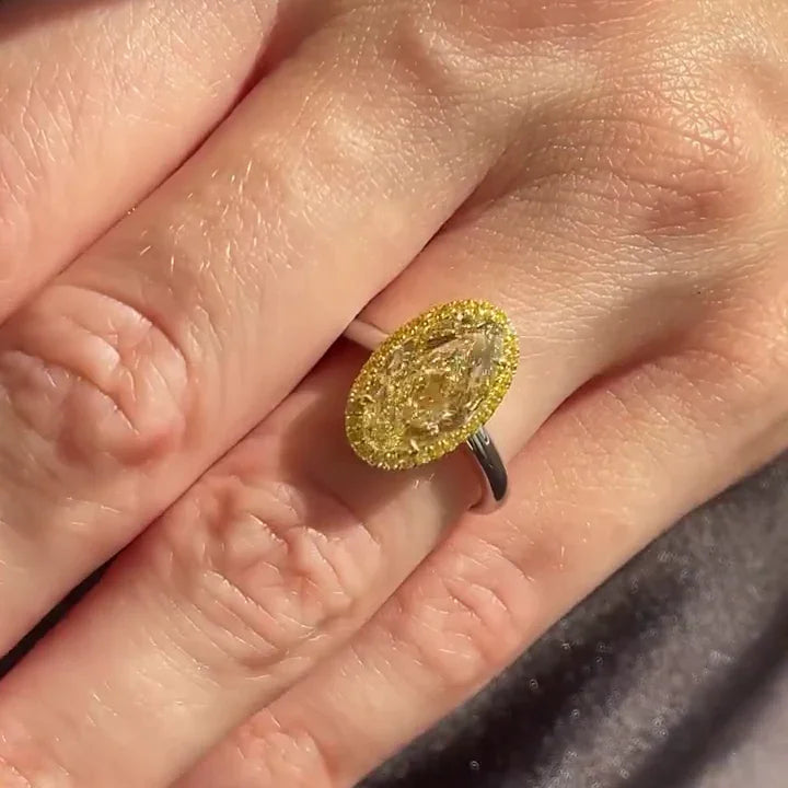 4.00TCW Fancy Yellow Oval Lab Grown Diamond Engagement Ring | Yellow Pavé Halo | IGI Certified 