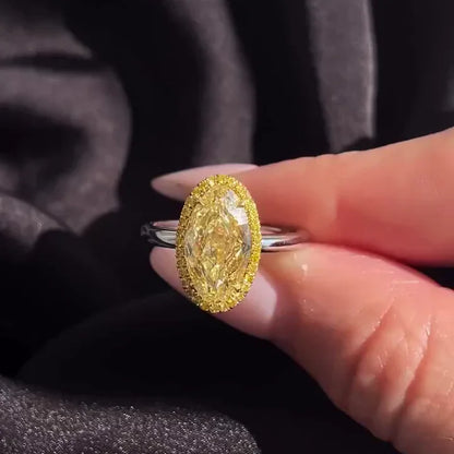 4.00TCW Fancy Yellow Oval Lab Grown Diamond Engagement Ring | Yellow Pavé Halo | IGI Certified 