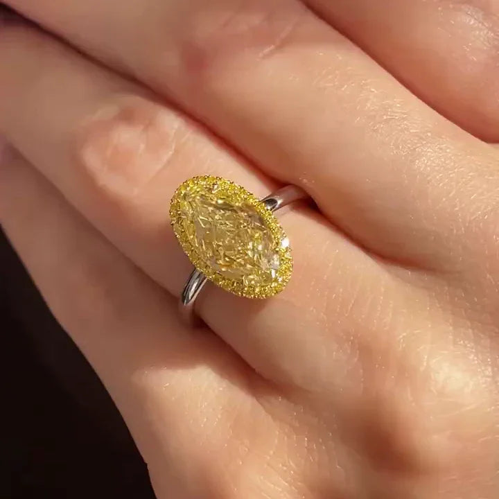 4.00TCW Fancy Yellow Oval Lab Grown Diamond Engagement Ring | Yellow Pavé Halo | IGI Certified 