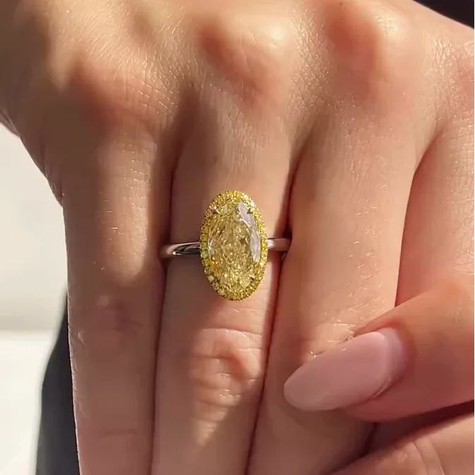 4.00TCW Fancy Yellow Oval Lab Grown Diamond Engagement Ring | Yellow Pavé Halo | IGI Certified 