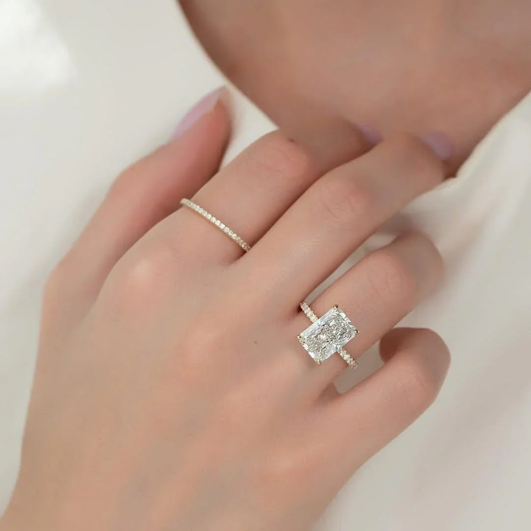 4.0ct Radiant Cut Lab Grown Diamond Solitaire Ring With Pave Band & Hidden Halo | IGI Certified 