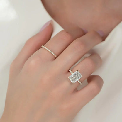 4.0ct Radiant Cut Lab Grown Diamond Solitaire Ring With Pave Band & Hidden Halo | IGI Certified 
