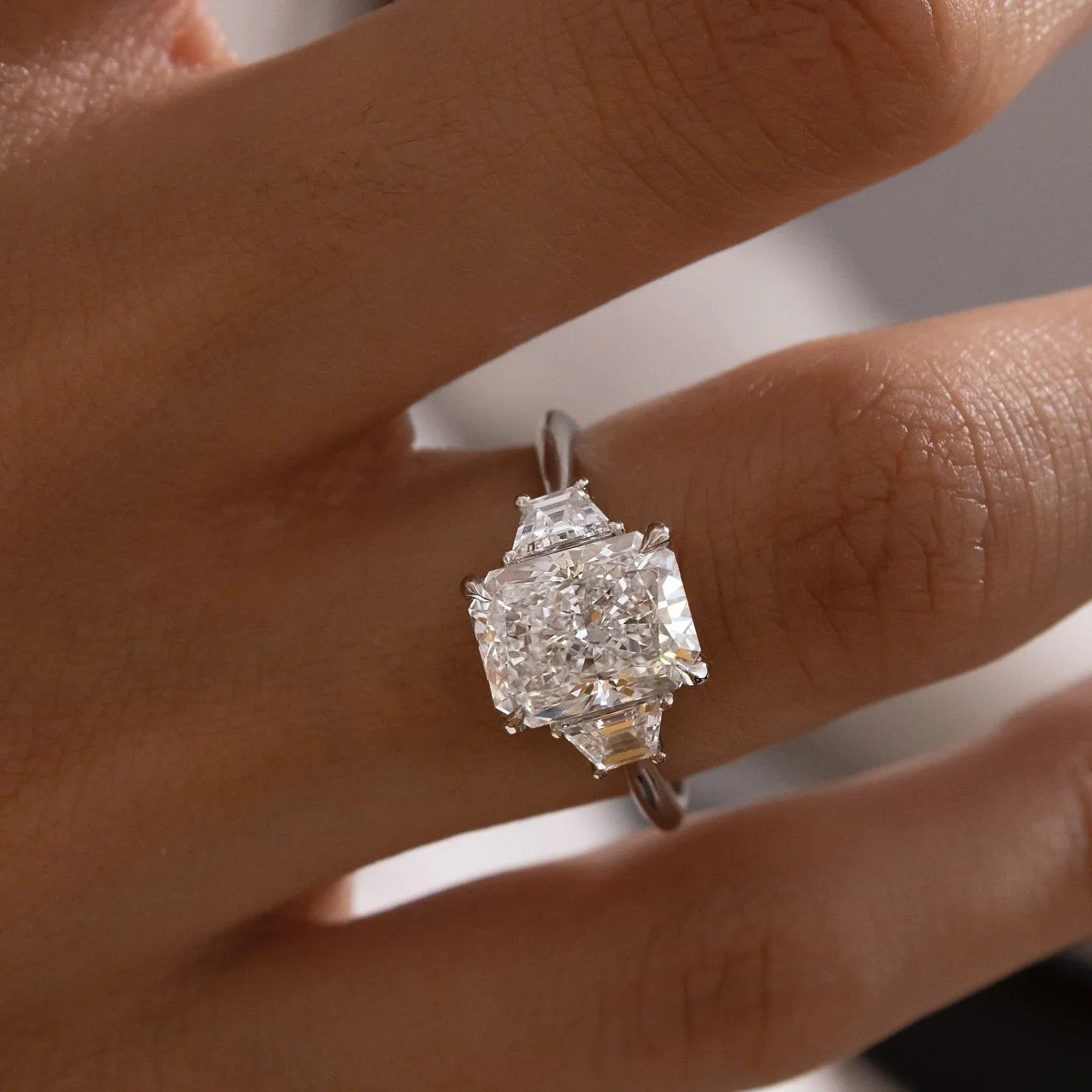 4.0ct lab grown radiant cut diamond ring trapezoid side stones IGI certified hidden halo engagement wedding ring birthday gift for wife her jewelry
