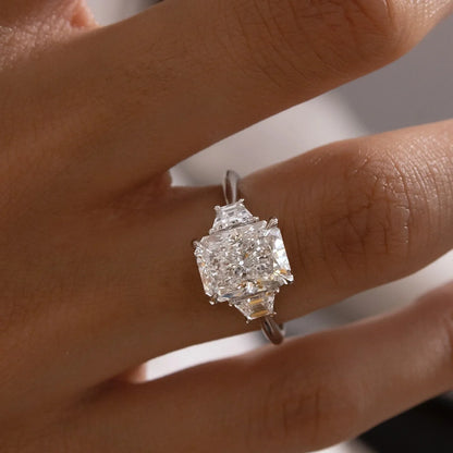 4.0ct lab grown radiant cut diamond ring trapezoid side stones IGI certified hidden halo engagement wedding ring birthday gift for wife her jewelry
