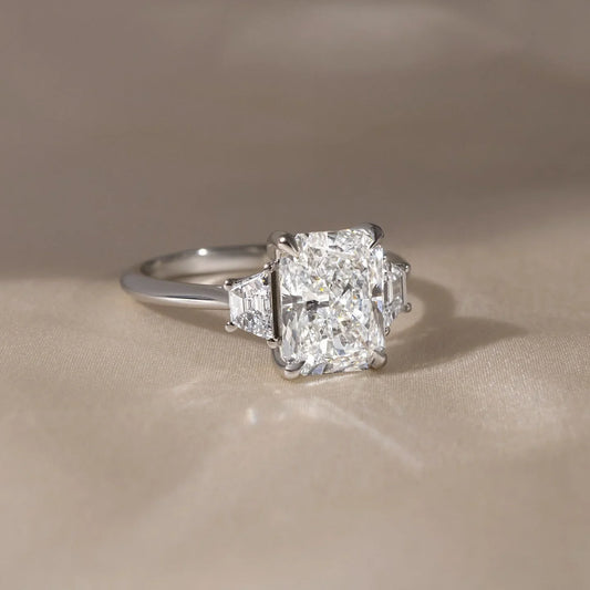 4.0ct radiant cut lab grown diamond ring trapezoid side stones engagement ring wedding ring birthday gift for her wife bridal jewelry IGI style
