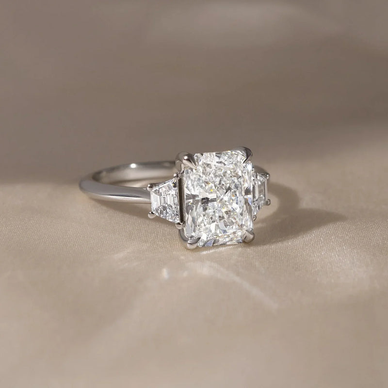 4.0ct Radiant Cut Lab Grown Diamond With Trapezoid Side Stone Ring Engagement Ring and wedding Ring and Birthday Gift For Her/ Wife