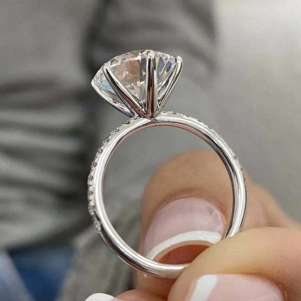 Elegant 4.0ct round lab grown diamond engagement ring pavé band IGI certified wedding ring minimalist bridal jewelry luxury gift for her wife
