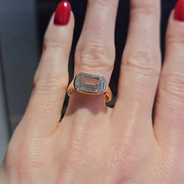 Elegant 4.30 CT emerald cut lab grown diamond ring east west bezel setting IGI certified engagement wedding ring luxury gift for her women
