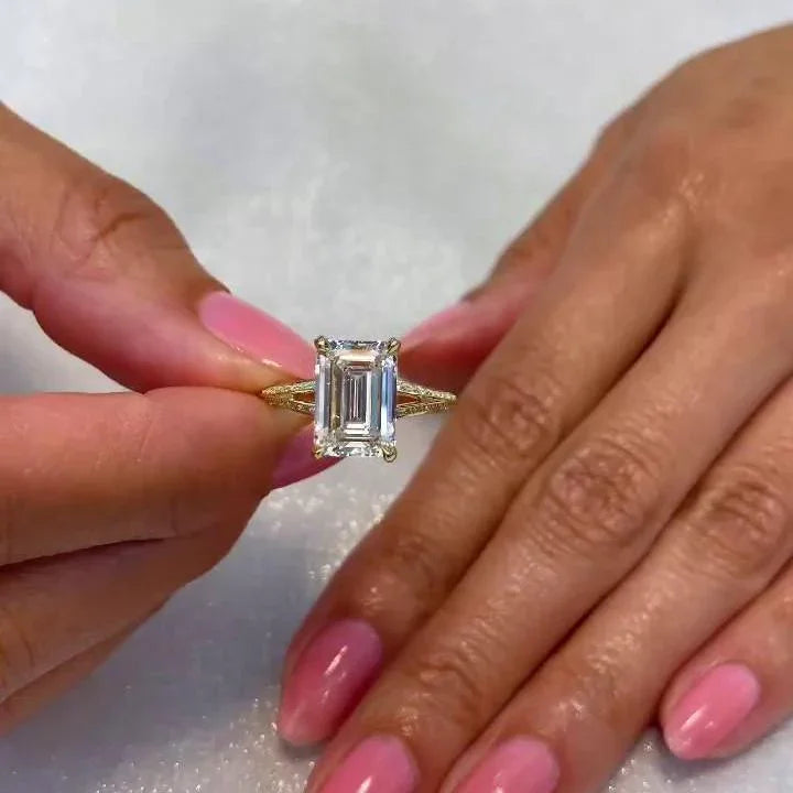 4.30 CT emerald cut lab grown diamond engagement ring modern split shank IGI certified wedding ring bridal jewelry luxury gift for her women
