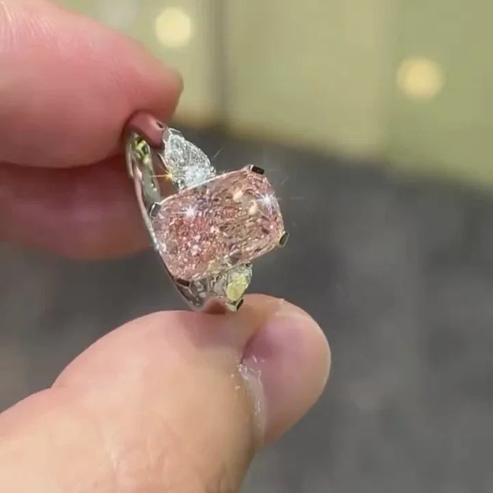 4.00 CT cushion fancy pink lab grown diamond IGI certified engagement ring pear side stones three stone bridal wedding ring luxury gift for her
