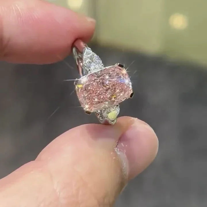 Elegant 4.00 CT fancy pink cushion lab grown diamond ring pear side stones three stone IGI certified engagement wedding ring gift for her women
