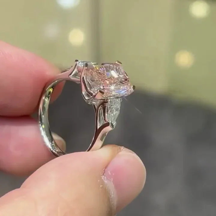 4.40 TCW Fancy Pink Cushion Lab Grown Diamond Engagement Ring | Pear Side Stones | Three Stone Ring | IGI Certified 