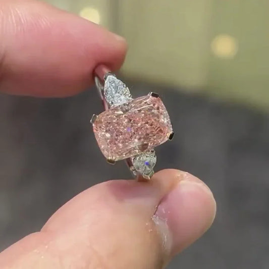 4.40 TCW fancy pink cushion lab grown diamond engagement ring pear side stones three stone IGI certified wedding ring bridal jewelry gift for her
