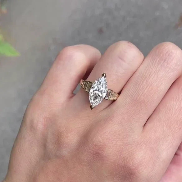 4.40 TCW Marquise Lab Grown Diamond Engagement Ring | Three Stone Baguette Design | IGI Certified 
