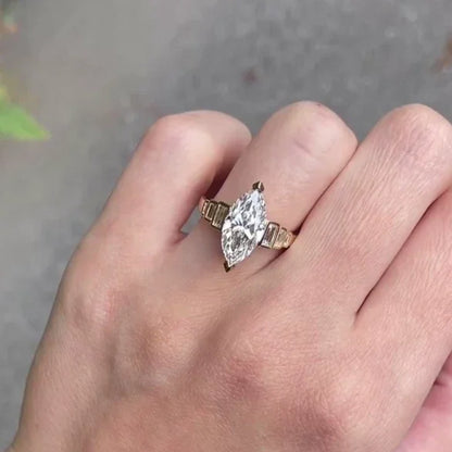 4.40 TCW Marquise Lab Grown Diamond Engagement Ring | Three Stone Baguette Design | IGI Certified 