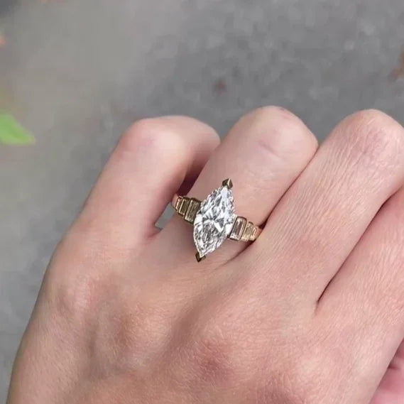 4.40 TCW Marquise Lab Grown Diamond Engagement Ring | Three Stone Baguette Design | IGI Certified 