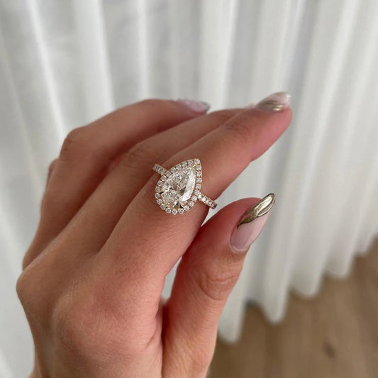 4.40 TCW pear lab grown diamond engagement ring halo pavé design IGI certified wedding ring bridal jewelry luxury gift for her women elegant style
