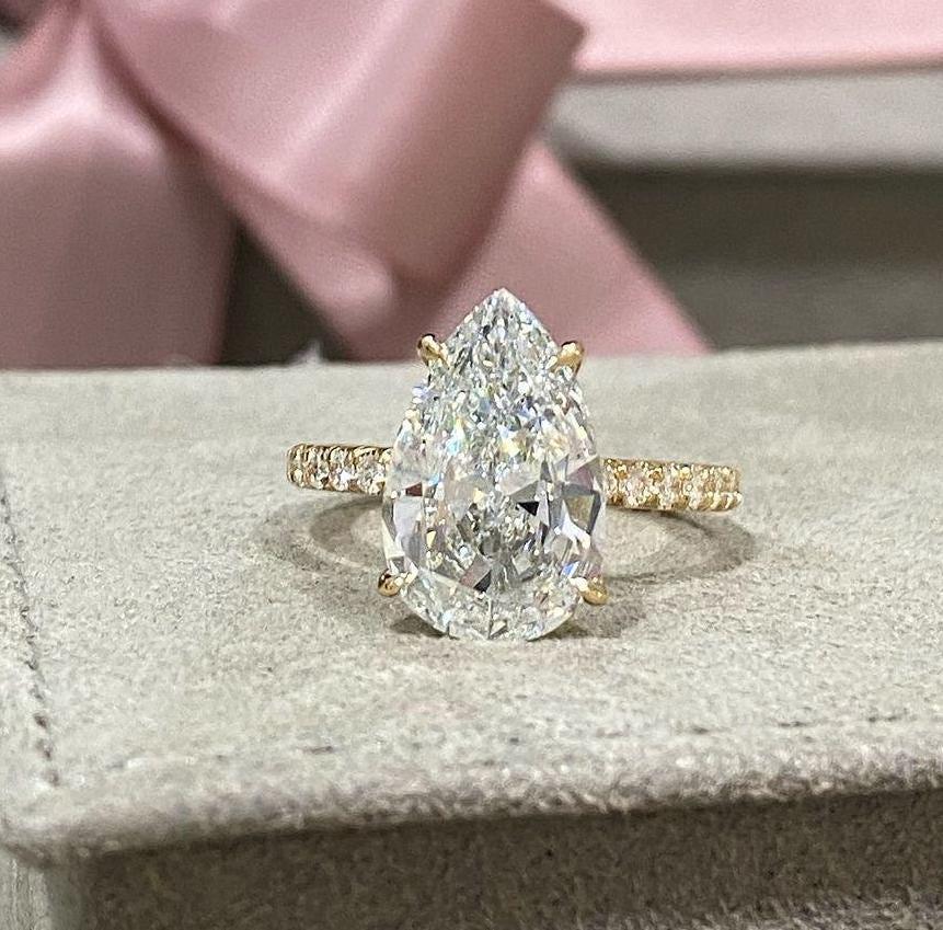 4.40 TCW Pear Lab Grown Diamond Engagement Ring | Pavé Design | IGI Certified 
