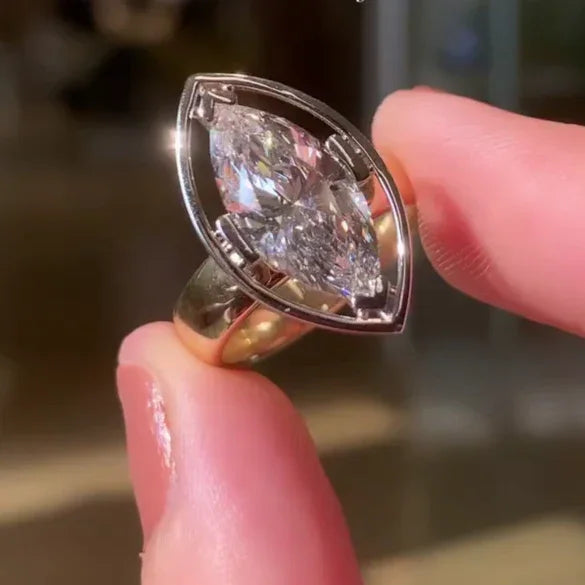 4.50 CT Marquise Lab Grown Diamond Engagement Ring | Two-Tone Hidden Halo Design | IGI Certified 